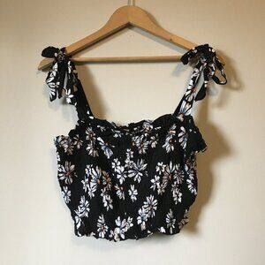 Shosho Ruched Daisy Print Rayon Tie Shoulder Crop Top Summer - Size L 🌼
